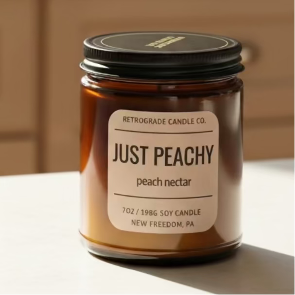 A 7oz soy candle in an amber glass jar with a black lid and a cream label reading 'JUST PEACHY peach nectar' by Retrograde Candle Co., sitting on a windowsill with a blurred outdoor background.