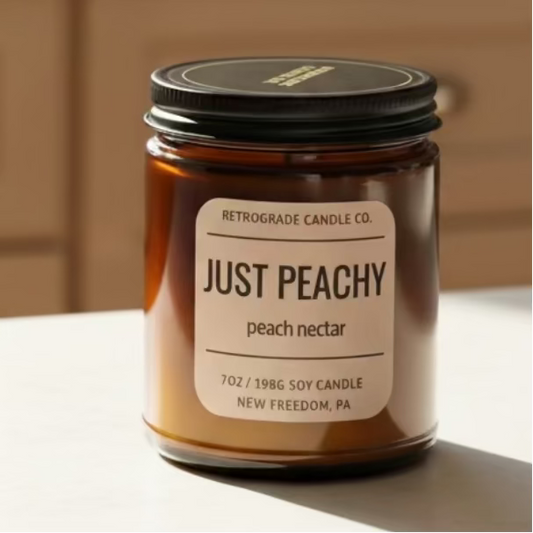 A 7oz soy candle in an amber glass jar with a black lid and a cream label reading 'JUST PEACHY peach nectar' by Retrograde Candle Co., sitting on a windowsill with a blurred outdoor background.